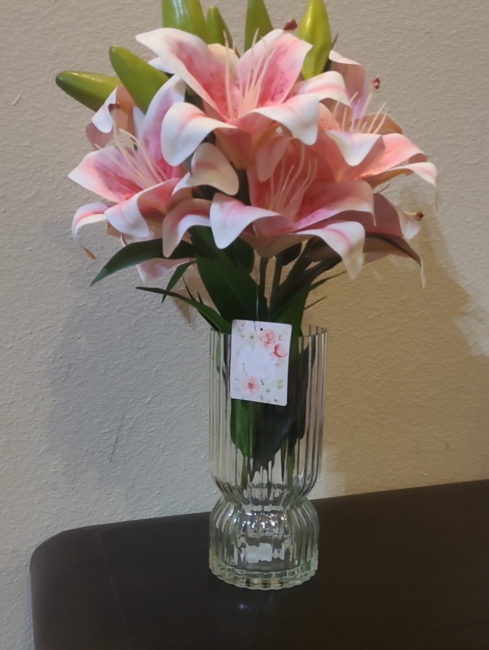 Artificial Pink Lily Bouquet in Clear Glass Vase - Home Accents